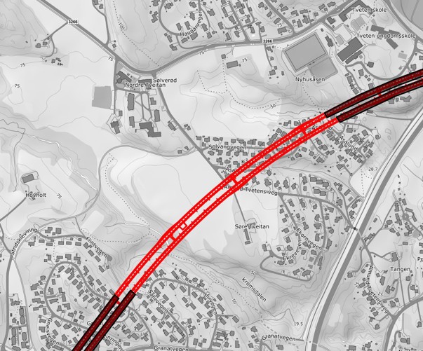 Rødt er gjenstående driving mellom Skjelsvikdalen og Herregårdsbekken. Tunnelarbeidene er nå i ferd med å jobbe seg inn under Asalund. Foto: Jony Moen