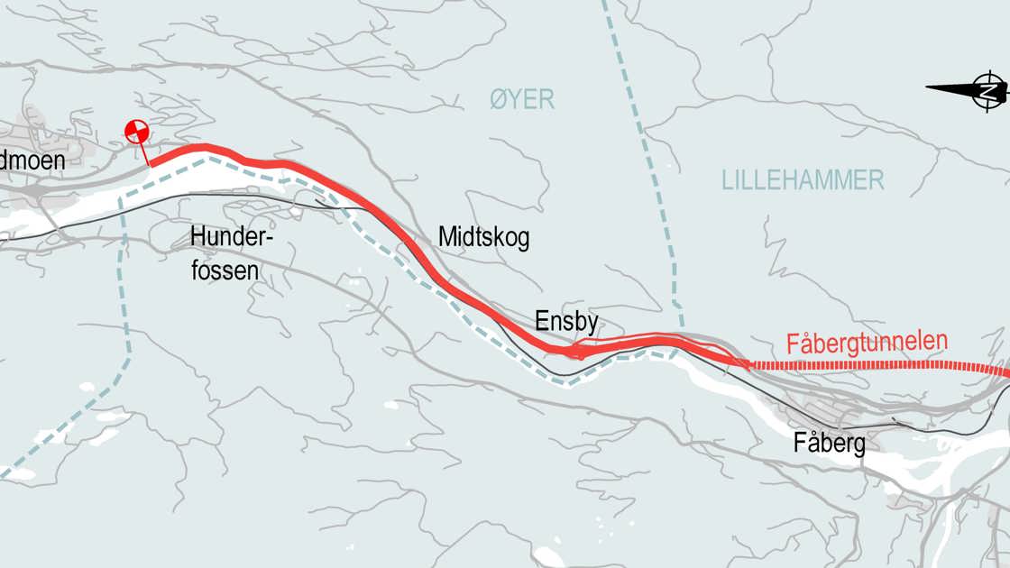 Kart for ny E6 mellom Lillehammer og Øyer - breddeformat