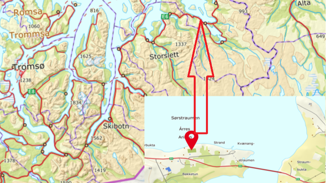 Punktet viser ca hvor LNS sin anleggsrigg i Sørstraumen i Kvænangen kommuner, er lokalisert.