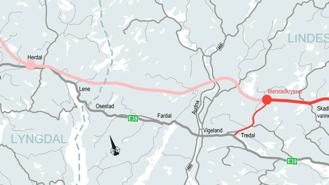 Den tykke røde streken viser strekningen fra Mandalskrysset til Blørstad.