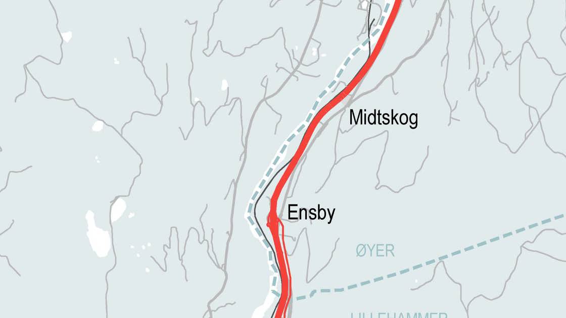 Kart for ny E6 mellom Lillehammer  og Øyer.